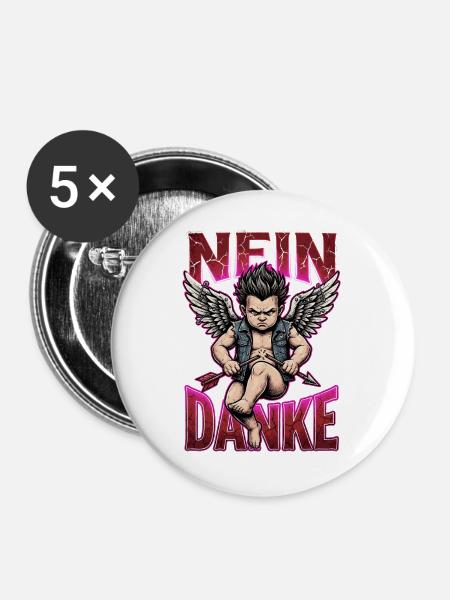 Nein danke Angry Cupid Anti Valentine Deutsch - Buttons groß 56 mm (5er Pack) - Weiß