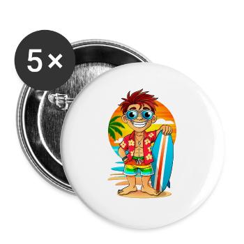 Fröhlicher Surfer mit Surfbrett am Strand. - Buttons groß 56 mm (5er Pack) - Weiß - Vorne