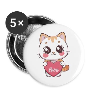 Kawaii Katzenherz-Liebe - Buttons groß 56 mm (5er Pack) - Weiß - Vorne