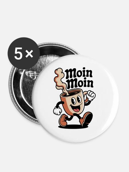 Kaffeefreude Cartoon Becher - Buttons groß 56 mm (5er Pack) - Weiß
