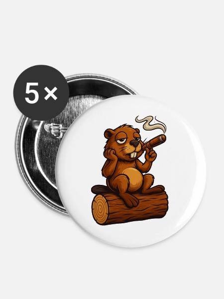 Chillender Biber mit Zigarre - Buttons groß 56 mm (5er Pack) - Weiß