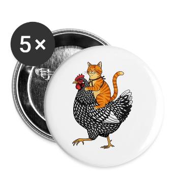 Katze reitet Huhn - Lustiges Bauernhof Abenteuer  - Buttons groß 56 mm (5er Pack) - Weiß - Vorne