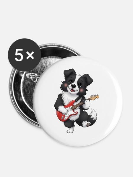Kuscheliger Hund mit E-Gitarre - Buttons groß 56 mm (5er Pack) - Weiß