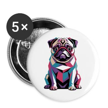 Farbenfroher geometrischer Mops – Lebendiger Pop-Art-Hund - Buttons groß 56 mm (5er Pack) - Weiß - Vorne
