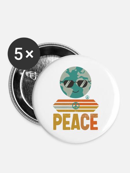 Erde mit Peace-Sonnenbrille Retro - Buttons groß 56 mm (5er Pack) - Weiß