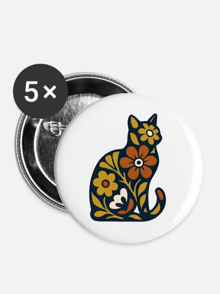 Blütenkatze Folk-Art Muster - Buttons groß 56 mm (5er Pack) - Weiß