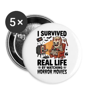 Horror Filme Überlebt Popcorn Humor - Buttons groß 56 mm (5er Pack) - Weiß - Vorne