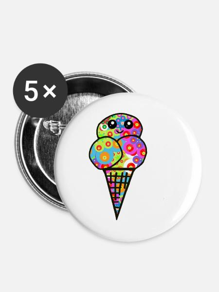 Buntes Blüten-Eisdesign Eiscreme Retro 60er - Buttons groß 56 mm (5er Pack) - Weiß