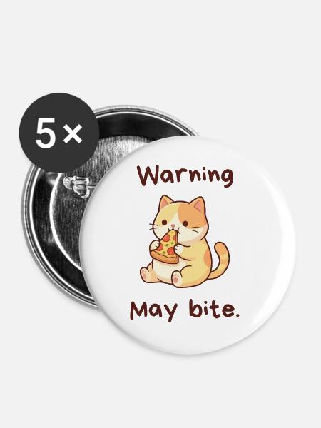 Warning May Bite - Kawaii Pizza Cat - Buttons groß 56 mm (5er Pack) - Weiß
