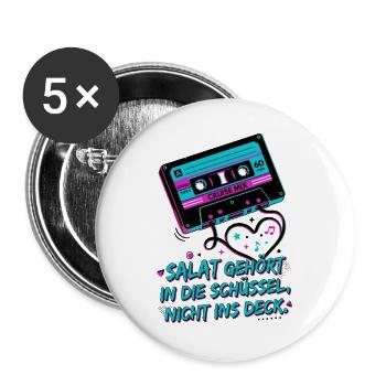 Retro Kassette Audio Band Salat - Buttons groß 56 mm (5er Pack) - Weiß - Vorne