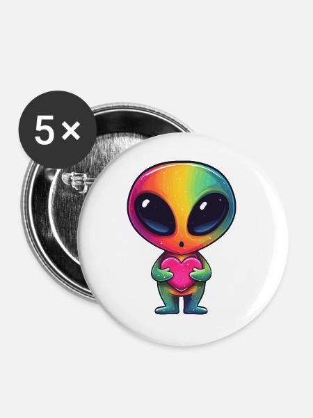 Regenbogenalien Herzfreund - Buttons groß 56 mm (5er Pack) - Weiß