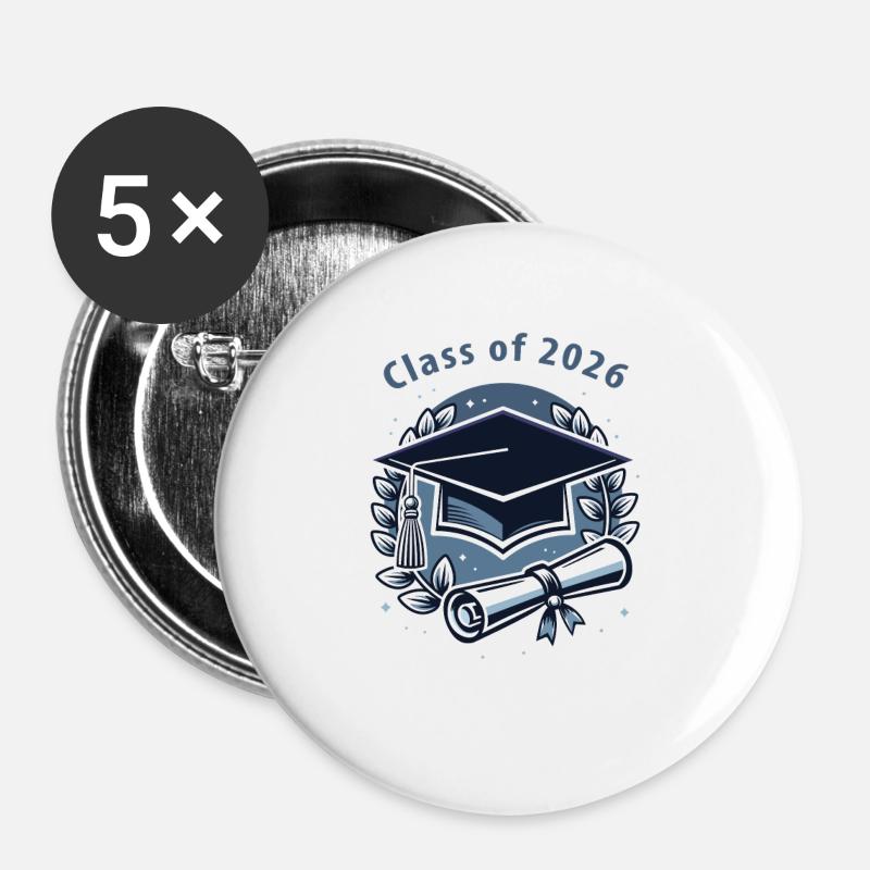 Abschluss 2026 – Diplom und Hut - Buttons groß 56 mm (5er Pack) - Weiß