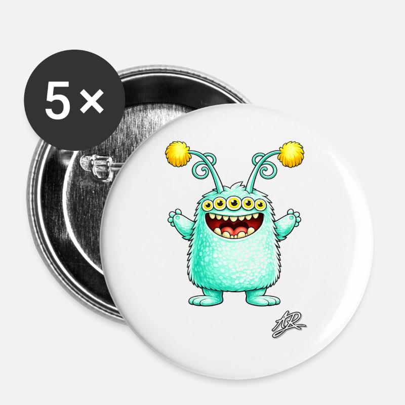 Green Five-Eyed Monster - Buttons large 2.2''/56 mm (5-pack) - white
