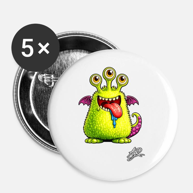 Green Three-Eyed Monster - Buttons large 2.2''/56 mm (5-pack) - white