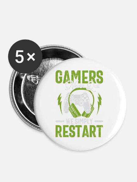 Gamer Geist: Never Quit Restart Geschenk - Buttons groß 56 mm (5er Pack) - Weiß