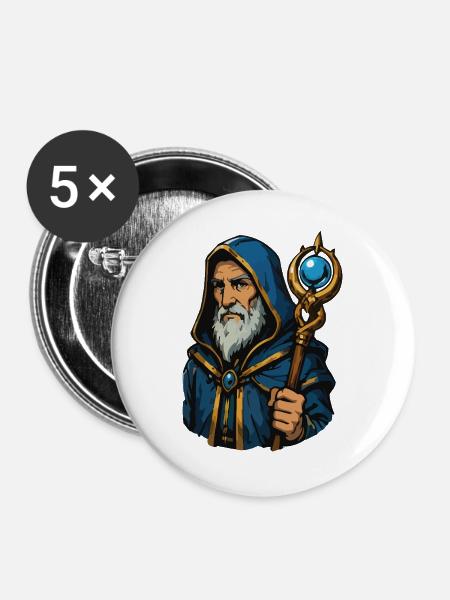Runenmagier mit Stab und Kapuze - Buttons groß 56 mm (5er Pack) - Weiß