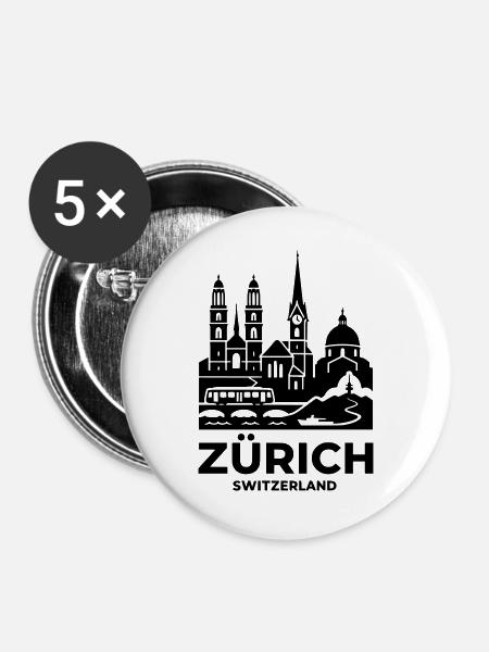 Zürich Skyline Silhouette – Schweiz - Buttons groß 56 mm (5er Pack) - Weiß