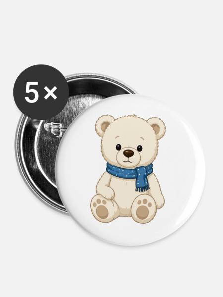 Kuschelteddy mit blauem Schal - Buttons groß 56 mm (5er Pack) - Weiß