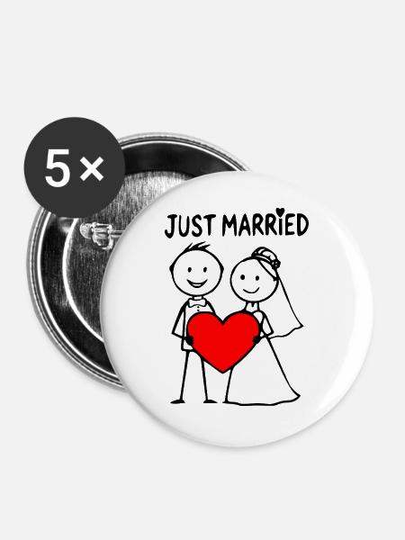 Hochzeitspaar Cartoon Herz just married - Buttons groß 56 mm (5er Pack) - Weiß