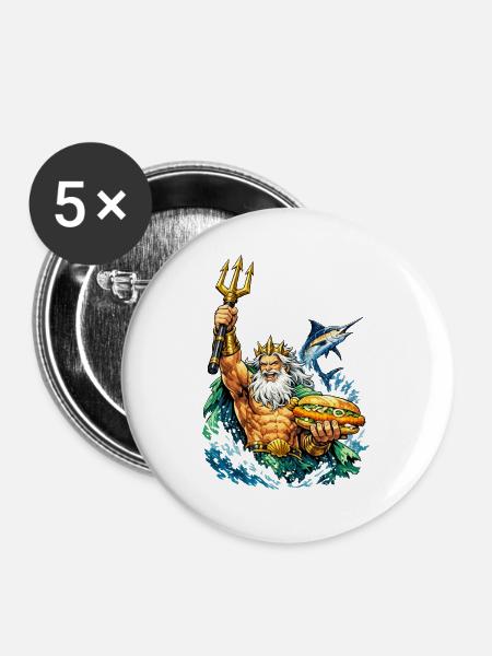 Neptun mit Fischbrötchen - Buttons groß 56 mm (5er Pack) - Weiß