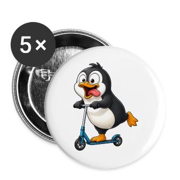 Süßer Pinguin Cartoon auf Roller - Buttons groß 56 mm (5er Pack) - Weiß - Vorne