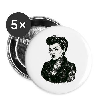 Rebellisches 50s Pin-Up Girl Lederjacke - Buttons groß 56 mm (5er Pack) - Weiß - Vorne