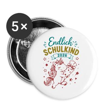 Endlich Schulkind 2026 Unicorn - Buttons groß 56 mm (5er Pack) - Weiß - Vorne