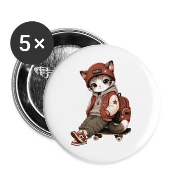 MIKO-Katze in Streetwear und Skateboarding - Buttons groß 56 mm (5er Pack) - Weiß - Vorne