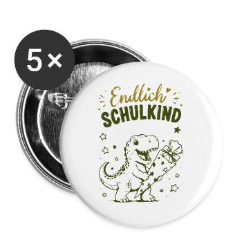 Endlich Schulkind Dino Stift - Buttons groß 56 mm (5er Pack) - Weiß - Vorne