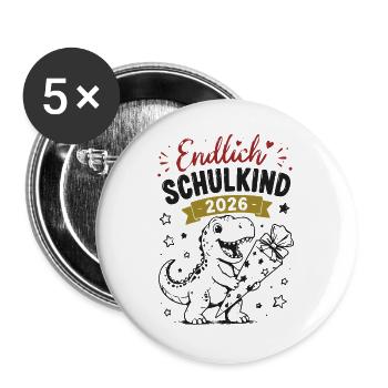 Endlich Schulkind 2026 Dino - Buttons groß 56 mm (5er Pack) - Weiß - Vorne