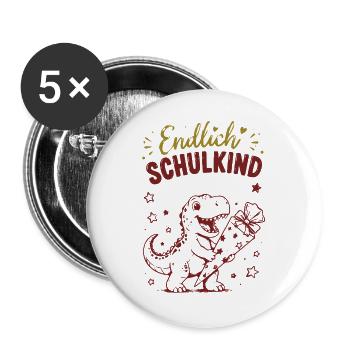 Endlich Schulkind Dino Geschenk - Buttons groß 56 mm (5er Pack) - Weiß - Vorne