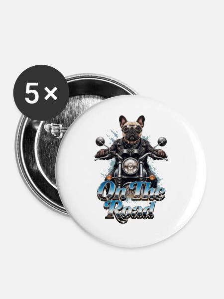 Frenchie-Biker auf der Straße – 005 - Buttons groß 56 mm (5er Pack) - Weiß