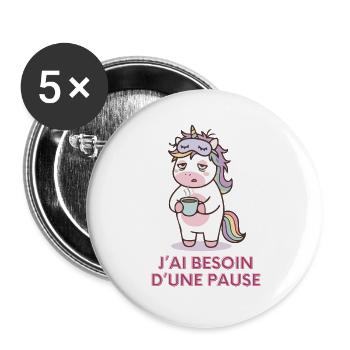 Licorne Fatiguée – Cadeau Humour - Lot de 5 grands badges (56 mm) - blanc - Devant