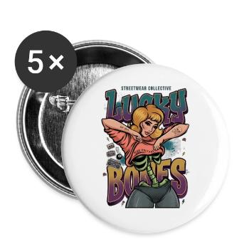 Lucky Bones Retro Skeleton Pin Up Streetwear - Buttons large 2.2''/56 mm (5-pack) - white - Front