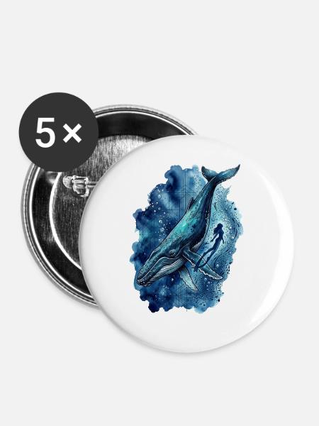 Deep Blue Odyssey Humpback & Freedive - Buttons groß 56 mm (5er Pack) - Weiß