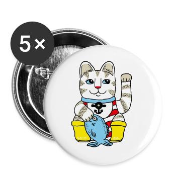Glückskatze mit Fisch - Buttons groß 56 mm (5er Pack) - Weiß - Vorne