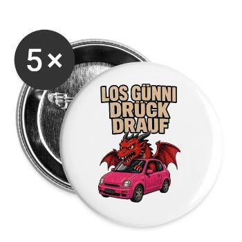 Drache Günni im pinken Flitzer - Buttons groß 56 mm (5er Pack) - Weiß - Vorne