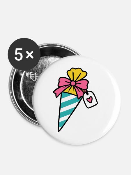 Schultüte mit Herz-Anhänger - Buttons groß 56 mm (5er Pack) - Weiß