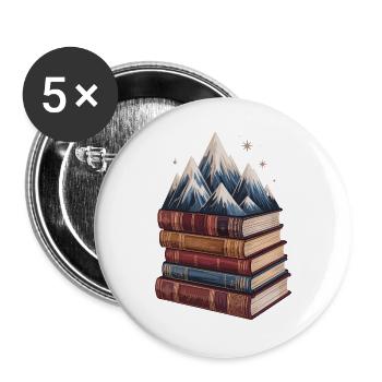  Bücherstapel Mit Bergen Fantasie Lesen Abenteuer - Buttons groß 56 mm (5er Pack) - Weiß - Vorne