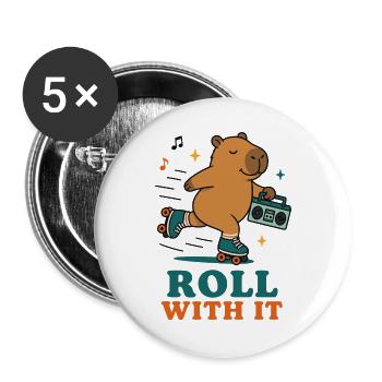 Roll With It – Capybara auf Rollschuhen - Buttons groß 56 mm (5er Pack) - Weiß - Vorne