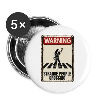 WARNING - Strange People Crossing - HEAVY METAL - Buttons groß 56 mm (5er Pack) - Weiß - Vorne