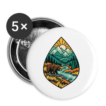 Bär in Berglandschaft am Fluss - Buttons groß 56 mm (5er Pack) - Weiß - Vorne