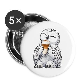 Schneeeule mit Latte Macchiato - Buttons groß 56 mm (5er Pack) - Weiß - Vorne