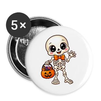 Niedliches Halloween-Skelett und Kürbis - Buttons groß 56 mm (5er Pack) - Weiß - Vorne