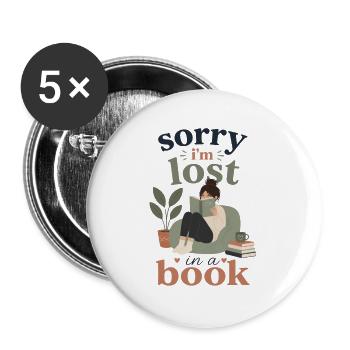 Verloren im Buch – Kuschellese - Buttons groß 56 mm (5er Pack) - Weiß - Vorne