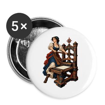Vintage-Druckpresse mit Damenfigur - Buttons groß 56 mm (5er Pack) - Weiß - Vorne