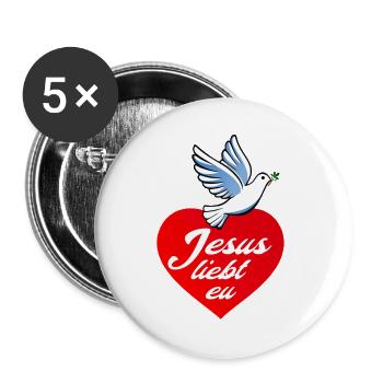 Jesus liebt eu - Buttons groß 56 mm (5er Pack) - Weiß - Vorne