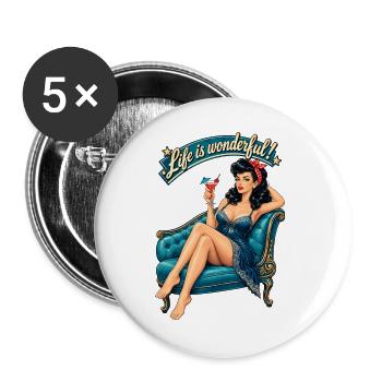Rockabella Pin-Up: Life is wonderful Retro - Buttons groß 56 mm (5er Pack) - Weiß - Vorne