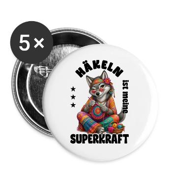 Häkeln ist meine Superkraft - Wolf - Buttons groß 56 mm (5er Pack) - Weiß - Vorne