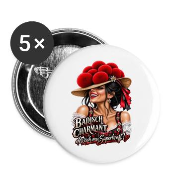 Badisch Charmant – Mei Superkraft - Buttons groß 56 mm (5er Pack) - Weiß - Vorne